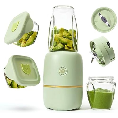 Bubble Blender, Baby Food Maker & Puree Blender with 2 Borosilicate Glass Cups, Compact Baby Bullet for Smoothies, Hands-Free One-Touch, 200W Motor, Sage
