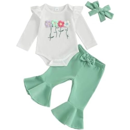 MERSARIPHY Western Baby Girl Clothes Newborn Rib Knit Ruffle Romper Bodysuit Bell-Bottom Pant Set Infant Fall Winter Outfits