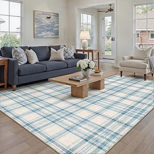 5x7 Blue Area Rug for Living Room Bedroom Machine Washable Low Pile Checkered Carpet Modern Accent Soft Non Slip Rug for Dining Room Nursery Office Indoor