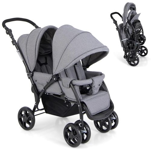 GLACER Foldable Twin Stroller, Double Baby Stroller w/Multi-Level Backrest, Canopy, Handle & Footrest, Safety Belt & Brake System, Travel Tandem Seating Stroller w/Lockable Wheels (Gray)