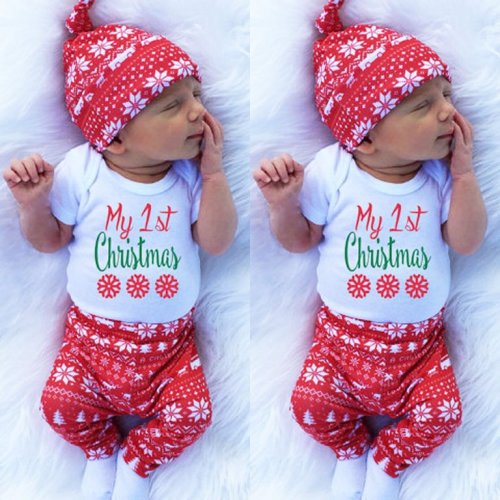 Newborn Baby Boys Girls Tops Romper Pants Hat 3PCS Outfits Set Christmas Clothes