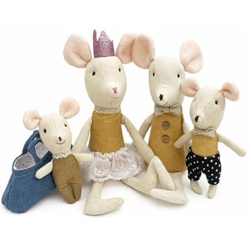 Handmade Linen Mouse Family Stuffed Animals Set, Soft Plush Mouse Doll Ideal for Imaginative Play