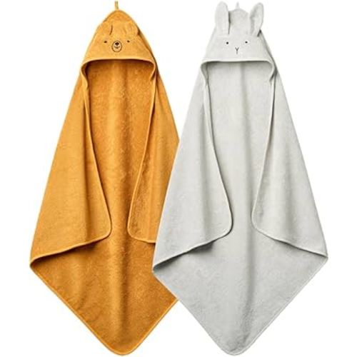 Baby Hooded Towel – Organic Cotton Baby Bath Towels, 32" x 32" Super-Soft and Absorbent Baby Towels for Newborn 2-Pack (Grey/Yellow)
