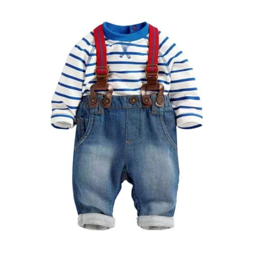 Baby Boys Pants Sets Striped T-shirt Top Jeans Bib Pants Overall Outfis