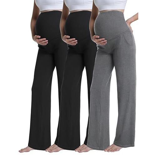 3 Pack Women's Maternity Pants Wide Leg | Over The Belly, Casual Loose Fit, Soft Breathable Fabric, Stretchy Pregnancy Pants, Lounge Palazzo Trousers, With Pockets