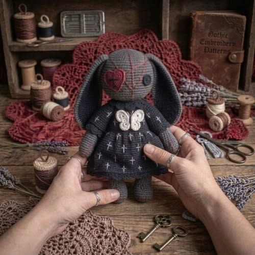 Handmade Gothic Bunny Doll, Dark Aesthetic Rabbit Plush Toy, Alternative Gothic Decor Doll, Cute Creepy Bunny Gift, Handmade Plush Figure