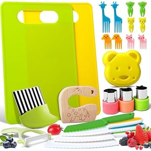 23 PCS Kids Cooking Sets, Kitchen Tools for Toddlers' Real Cooking, Kids Kitchen Knife Set with Cutting Board Kid Safe Knives Peeler Sandwich Cutters Crinkle Cutter, for Girls Boys