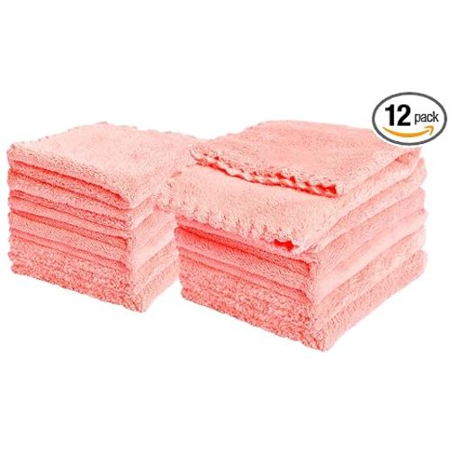 Baby Washcloths 12 Pack 12x12 Inches Microfiber Coral Fleece Extra Absorbent and Soft for Newborns, Infants and Toddlers-Pink