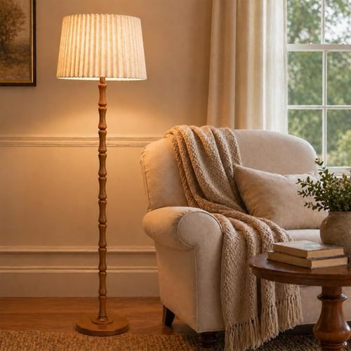 Real Wood Floor Lamp with Dual Lampshades, Sculptural Spindle Standing Lamp with Foot Switch, Modern Farmhouse Dimmable Floor Lamp for Living Room, Bedroom, Reading Corner & Cozy Home Decor