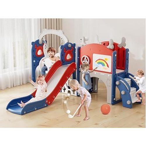 XJD 13-in-1 Toddler Slide and Swing Set, Kids Slide for Toddlers Age 1+, Toddler Outdoor Playset New Upgrade with Golf Set, Basketball Hoop, Drawing Board for Playground (Red Blue)