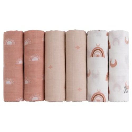 Gllquen Large Baby Muslin Swaddle Blankets, Organic Cotton, 6-Pack for Newborn Infants, Receiving Sun and Moon Design