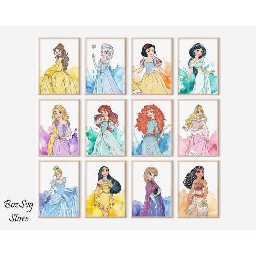 Watercolor Printable Princess Decor, Princess Wall Art Printable, Princesses Themed Nursery, Modern Wall Art, Kids Room Decor, Digital Art