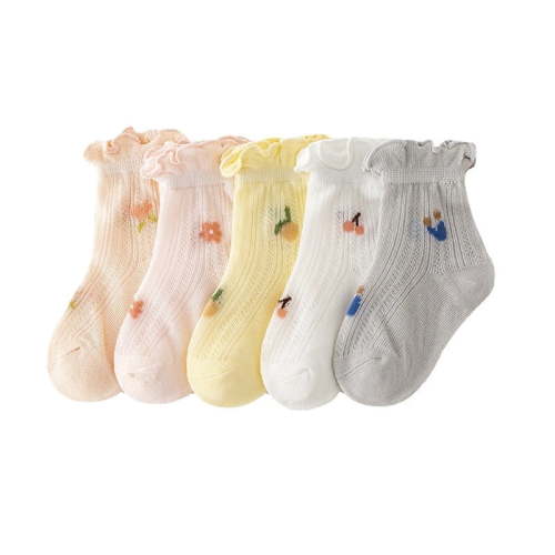 5 Pair Baby Girls Frilly Ruffle Socks - Breathable Cotton Mesh with Lace Trim, Non-Slip Grip Summer Socks for Toddler Infants, Soft Comfortable Cute Fashion Crew Socks