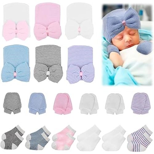 Newborn Baby Girl Hats Mittens and Baby Grip Socks Set Bows Caps Beanies Baby Non Slip Socks Cotton Gloves for Preemie Infant 0-6 Months Girls, 6 Sets