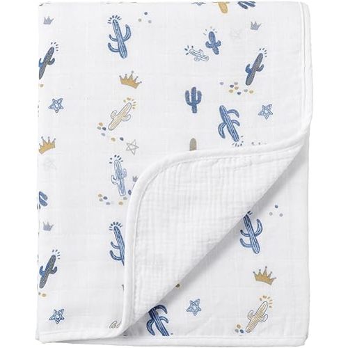 CREVENT 40''X40'' 100% Organic Cotton Muslin Baby Blanket for Newborns, Essential for Baby Shower Birthday Gift - Cactus 100X100cm