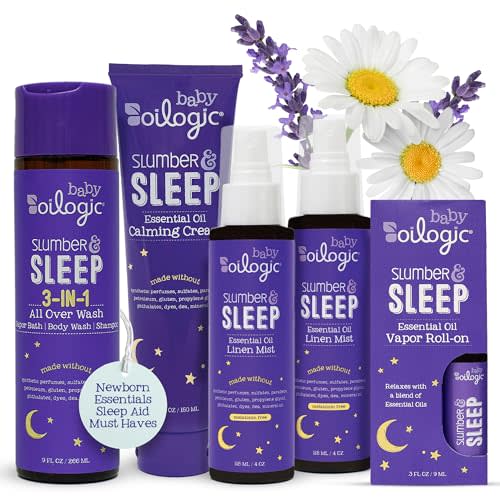 Oilogic Slumber & Sleep Bath Baby Essentials Gift Set - Includes All Over Wash, Calming Cream, Sleep Spray & Roll-On Essential Oils - Pediatrician-Tested Sleep, Comfort & Wellness Blends for Babies