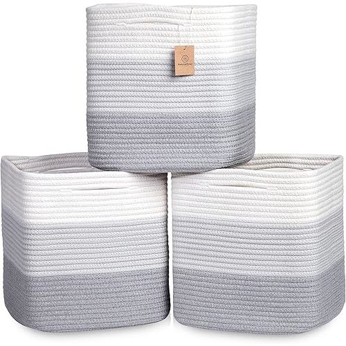 NaturalCozy 13 Inch Cube Storage Bins Cotton Rope Woven Baskets for Organizing 3-Pack | 13 x 13 Storage Cubes | Fabric Square Storage Baskets for Shelves Organizer, Kids Toy Bins, Closet Baby Nursery