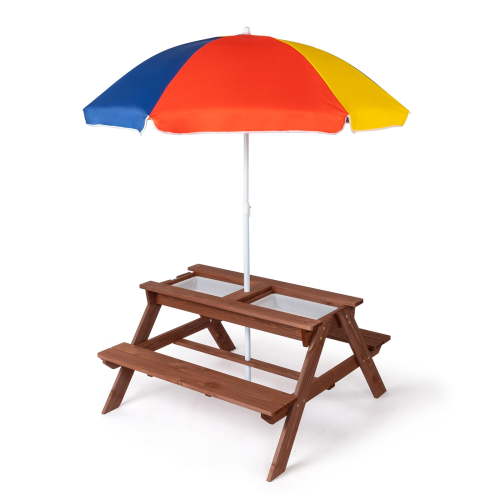 Ktaxon 3in1 Kids Wooden Picnic Table, Outdoor Child Activity Table with Adjustable Umbrella & Play Boxes for Picnic Porch Backyard, Dark Brown