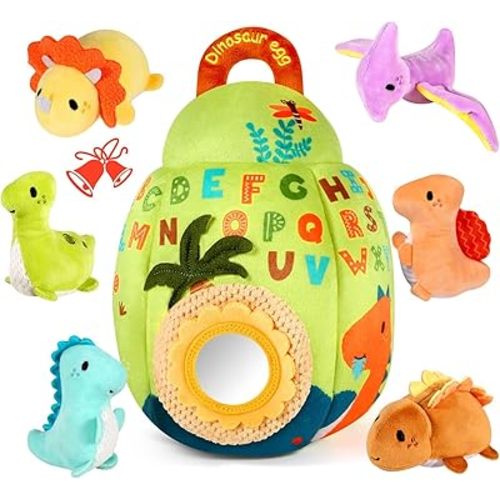 FREYBLI Baby Toys 6-12 Months - Soft Dinosaur Toy with Rattle, Crinkle Paper, Squeaker, Mirror - Baby Sensory Montessori Toys for 6-9-12 Month Old Developmental, 1 Year Old Boy Girl Gifts Toys