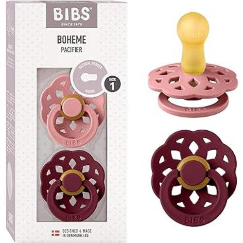 BIBS Pacifiers 0-6 Months | Boheme Collection 2-Pack | BPA-Free Round Nipple | Nautral Rubber Latex | Made in Denmark | Dusty Pink/Elderberry