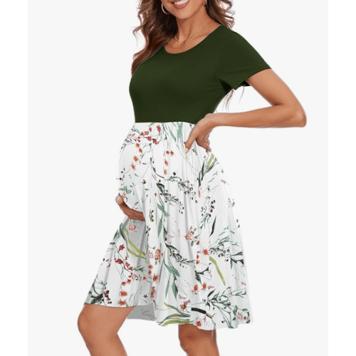 Women's Short Sleeve Maternity Dress Patchwork Pregnancy Clothes with Pockets
