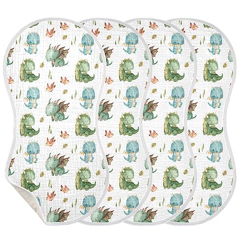 Burbuja Cute Dragon Muslin Baby Burp Cloths, Soft & Absorbent Cotton Burping Rags for Newborn Boys & Girls, 4 Pack