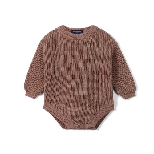 Long Sleeve Classic Chunky Knit Baby Romper in Mocha