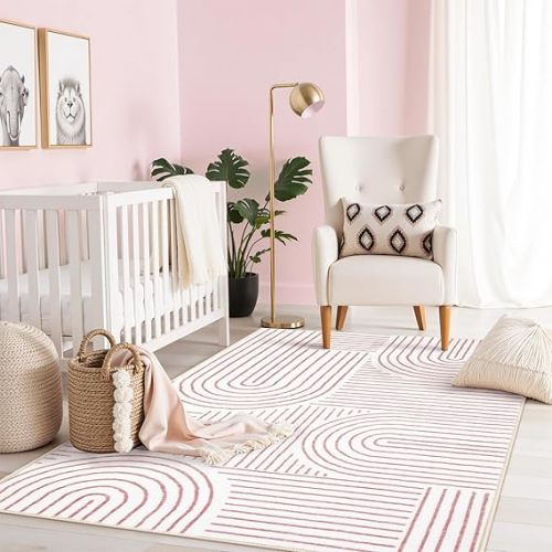 Lahome Abstract Washable Rugs, 4x6 Pink Rug for Bedroom Nursery Soft Non Slip Modern Living Room Rug, Ultra-Thin Non-Shedding Throw Carpet for Entryway Kitchen Office(4'x6',Pink/White)