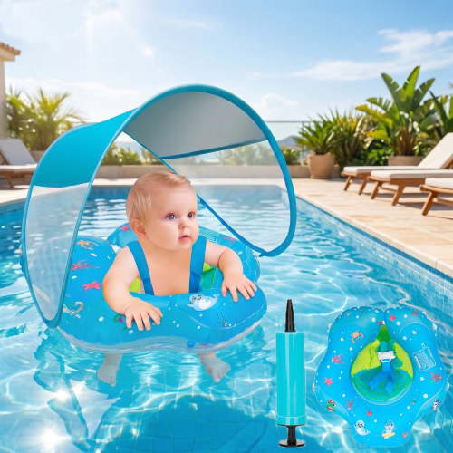 Baby Pool Float with UPF 50+ Removable Sun Canopy for 3-36 Months Infants, Anti-Flip Anti-Slip Adjustable Safety Swimming Float with Dual Airbags for Backstroke & Breaststroke