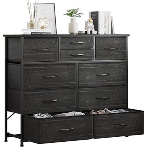 LUMTOK 10-Drawer Dresser, Fabric Dressers Drawers for Bedroom, Hallway, Nursery, Closets, Steel Frame, Wood Top, Easy Pull Handle (Black Wood Veins)