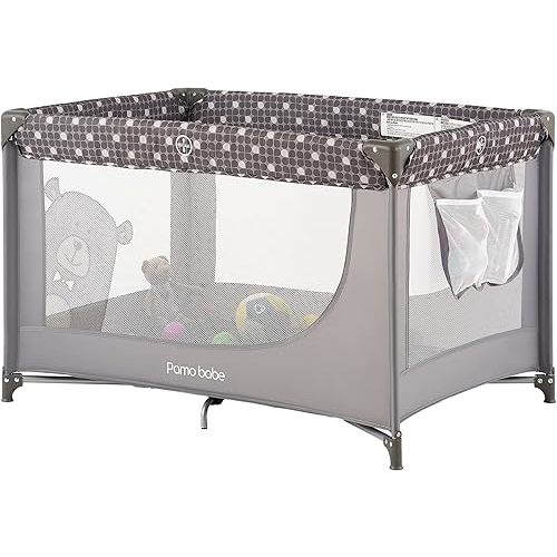 Pamo Babe Portable Crib Baby Playpen with Mattress and Carry Bag Grey