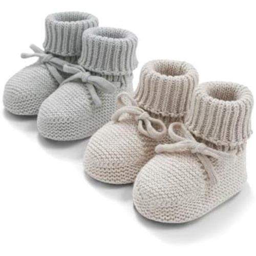Avibae Baby Booties, Newborns Cotton Kint Fall Winter Shoes 2 Pairs, Warm Boy Girl Infant Shoes for 0-9 Months