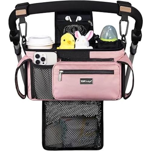 TOPDesign Universal Baby Stroller Organizer, Stroller Caddy with Detachable Mesh Bag & Heightened Insulated Cup Holders & Non-Slip Secure Hooks Accessories, Fits Most Strollers (Pink)