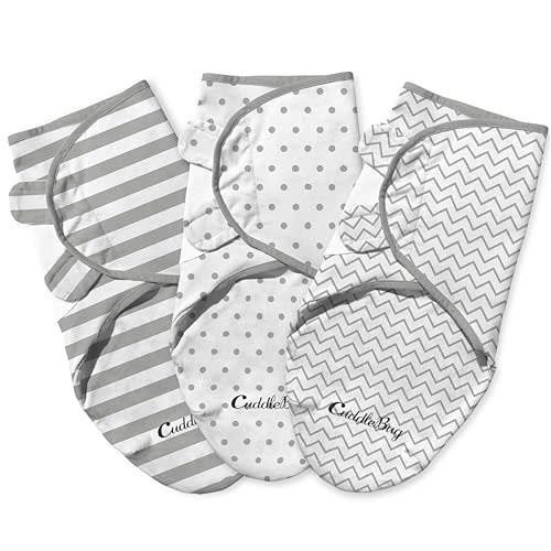 CuddleBug Velcro Baby Swaddles 0-3 Months, Cotton 3-Pack, Spots & Stripes | Snug Adjustable Fit helps newborns settle and sleep, machine washable, Quick Fasten Design for easy night changes.
