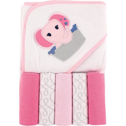 Luvable Friends Unisex Baby Hooded Towel with Five Washcloths, Pink Elephant, One Size
