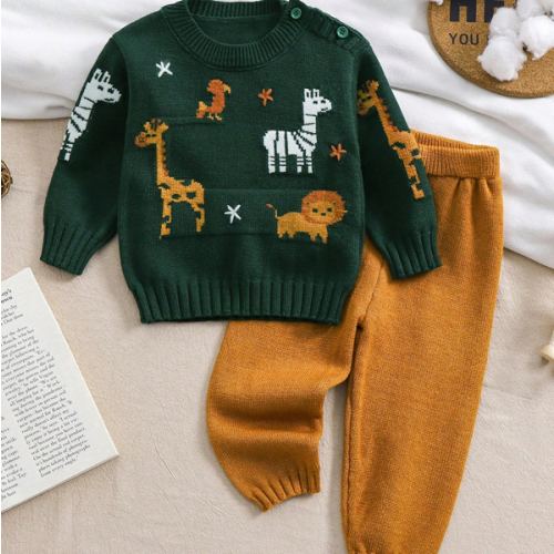 SHEIN Vintaside Kids 2pcs Baby Boy Fashion New Animal Jacquard Crew Neck Sweater And Yellow Knit Pants Set, Autumn/Winter