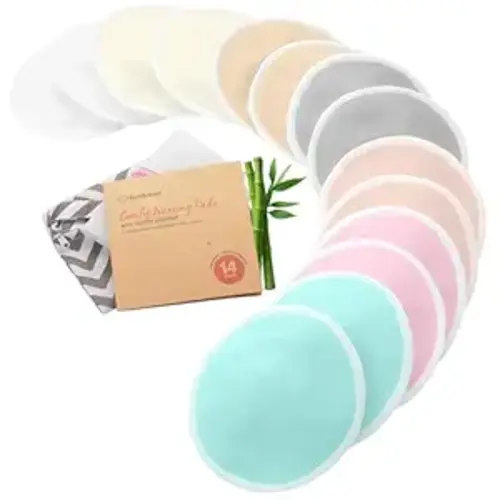 Organic Nursing Pads - 14 Washable Breast Pads for Breastfeeding, Wash Bag, Viscose Derived from Bamboo Reusable Nipple Covers for Breastfeeding Essentials, Soft & Absorbent (Pastel Touch, L 4.8")