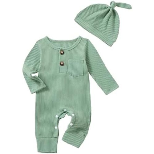 Newborn Baby Boy Girl Clothes Infant One Piece Rompers Solid Ribbed Knit Hat Long Sleeve Clothing Set