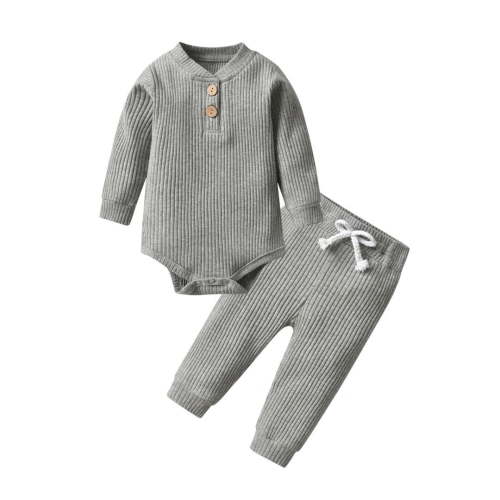 Newborn Baby Boy Clothes Long Sleeve Romper Solid Pants Outfits Set Grey 0-3 Months