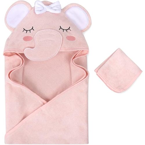 Baby Animal Hooded Towel and Washcloth Set for Newborns, Infants, Toddlers Boys and Girls 3-24 Months (Delicate Pink Elephant)