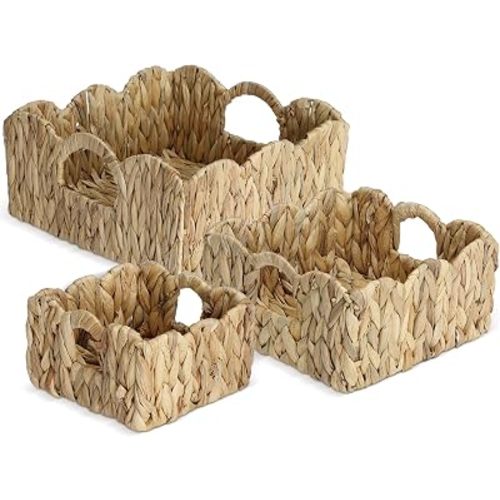 Newtay 3 Set Storage Baskets Scalloped Baskets Wicker Square Handwoven Basket with Built-in Cast Iron Shaping 7.5/9.5/11.5 Inches Nursery Storage Boxes for Home Bathroom Living Room Shelf Decor