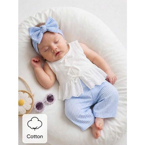 SHEIN Newborn Baby Girl Outfit Blue And White Stripe Summer Cute Baby Shower Sleeveless Top With Lace | SHEIN USA