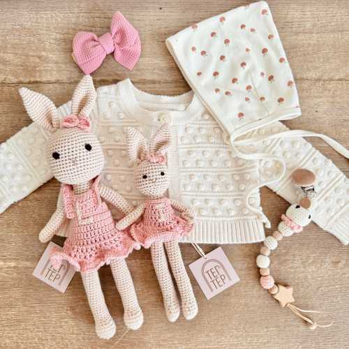 PRE-ORDER *Ships in 2-3 weeks* Personalized Big Sister Little Sister Pink Bunny Crochet Dolls First Birthday Gift Toddler Girl