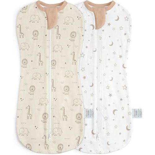 Baby Swaddle 0-2 Months, Cotton Arm-In Zipper Sleep Sack, Wearable Blankets Wrap for Newborn Infant Girls and Boys (Woodland Animal, Star Moon, Pack of 2)