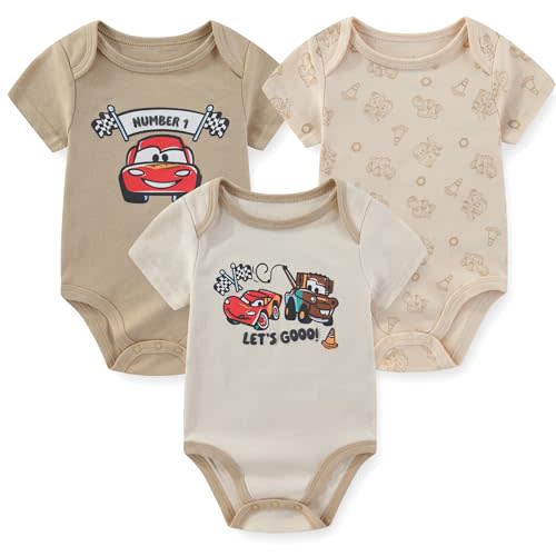 Disney Cars Lightning McQueen Tow Mater Baby Boys 3 Pack Bodysuit for Newborn and Infant