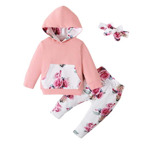 Kucnuzki Newborn Baby Girls Outfits 0-3 Months Long Sleeves Hoodie with Pocket Hooded Top Floral Pants with Heaadband 3pcs Baby Girls Pant Sets Fall Pink