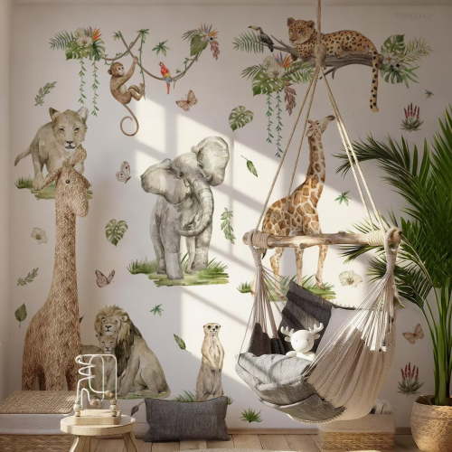 Large Jungle Animals Tree Branch Wall Stickers Safari Elephant Giraffe Leopard Tropical Leaves Wall Decals Transparent decal Peel and Stick Wall Decals Baby Nursery Kids Room Wall glass decals