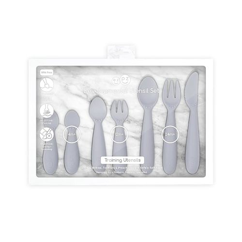 ezpz Developmental Utensil Set (Pewter) - 100% BPA Free Fork, Spoon, Knife for Babies, Toddlers and Preschool - First Foods + Self-Feeding - Designed by a Pediatric Feeding Specialist