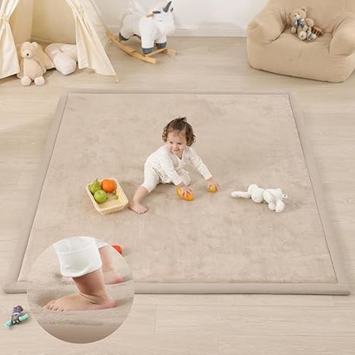 1.5" Thick Padded Baby Play Mat for Floor Tummy Time, Pro Soft Foam Activity Playroom Playmats, Easy Care with Non-Slip Safe for Infant Toddler Kids Crawling 59"x 71" (Beige)