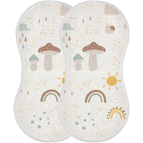 Burbuja Mushroom Rainbow Muslin Baby Burp Cloths, Soft & Absorbent Cotton Burping Rags for Newborn Boys & Girls, 2 Pack